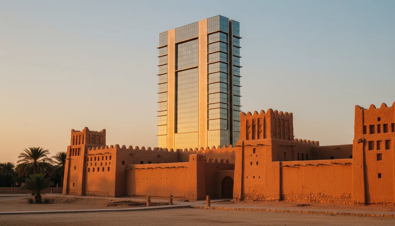 Diriyah heritage architecture with modern hotel in background