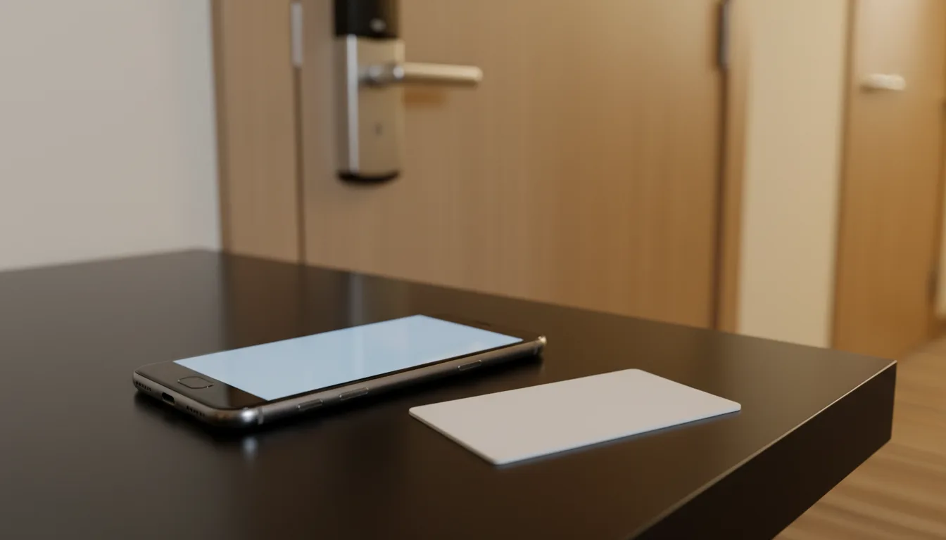 Smartphone and RFID keycard side by side at hotel door