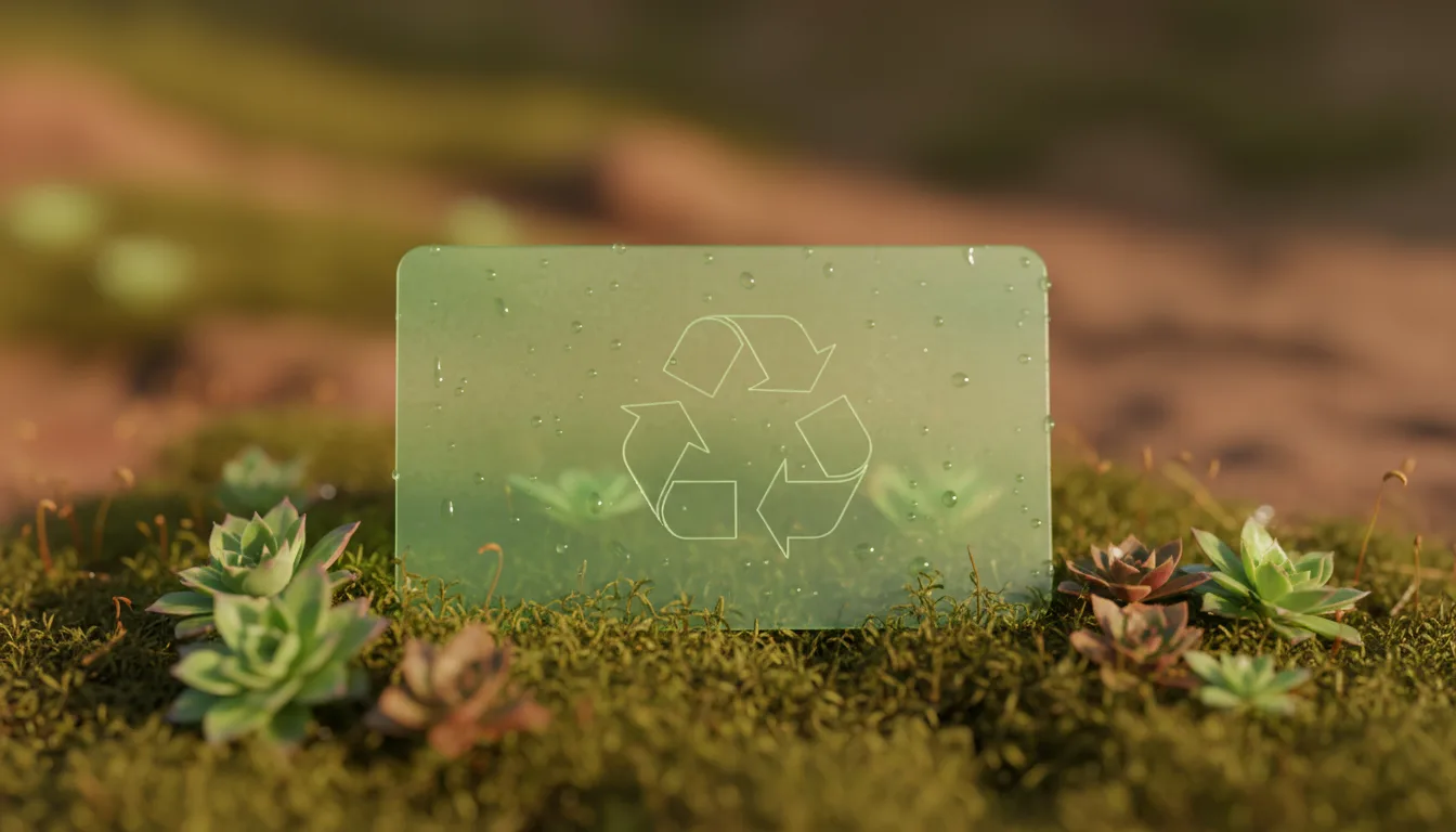 Green keycard with recycling symbol on natural background