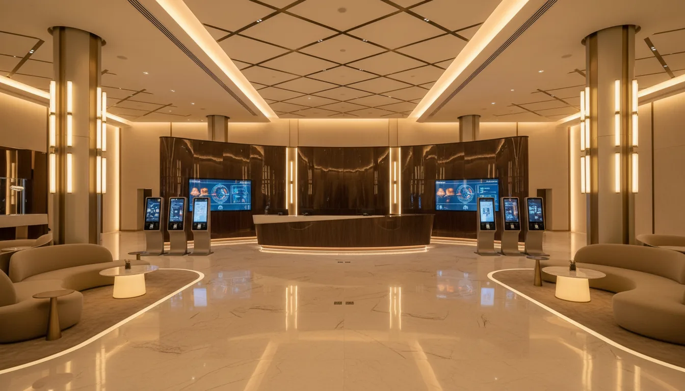 Modern Saudi Arabian hotel lobby with digital check-in kiosks