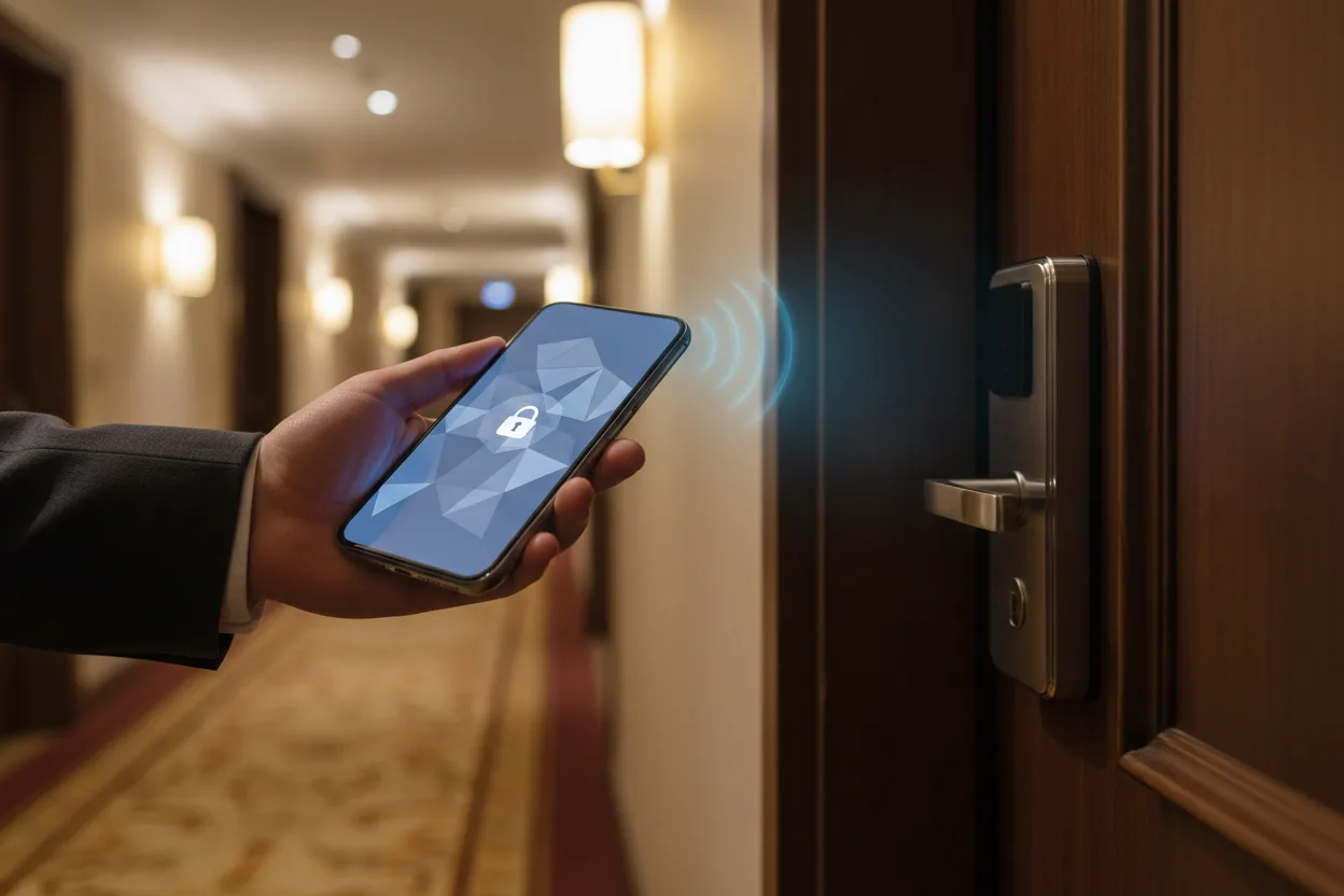 هاتف ذكي يتفاعل مع تقنية فندقية مزوّدة بـ NFC